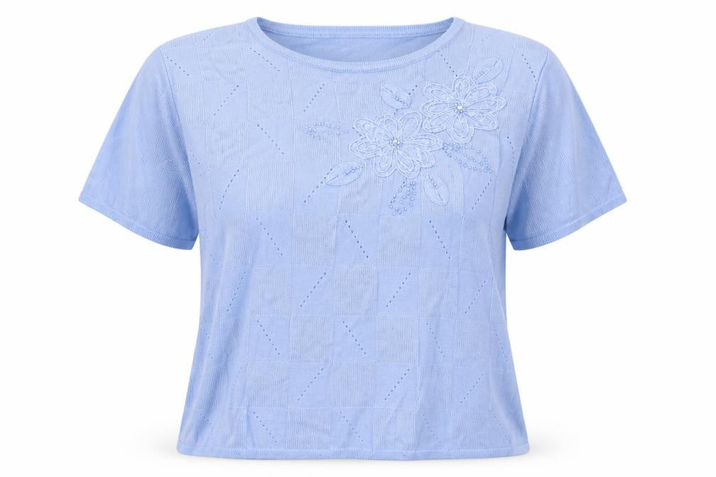 Front view of Fay Louise women’s blue acrylic basic blouse, size M, round neck