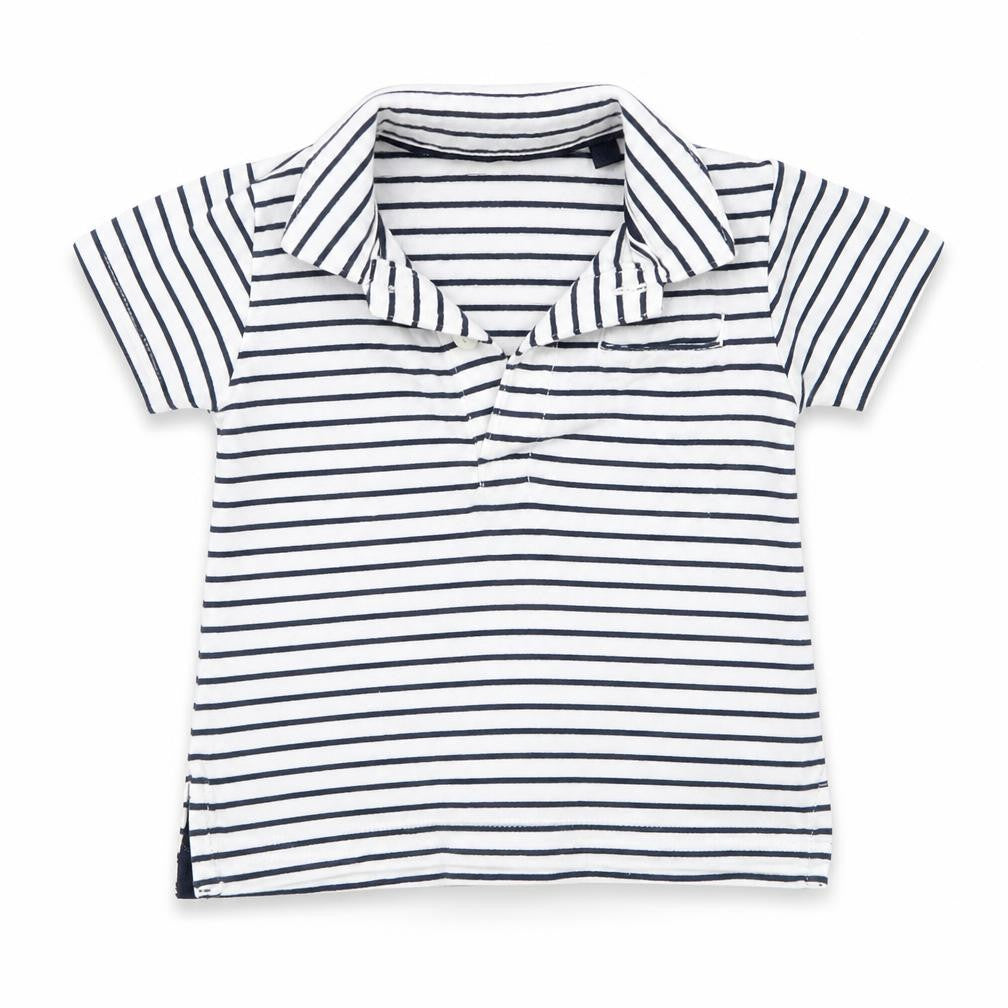 Front view of Next Baby Blue Striped 100% Cotton Basic T-Shirt, size 3-6, Months Collared