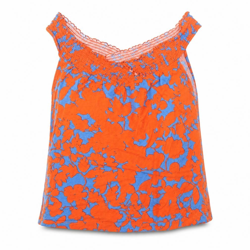 Front view of H&M women’s orange floral viscose basic blouse, size L, v-neck