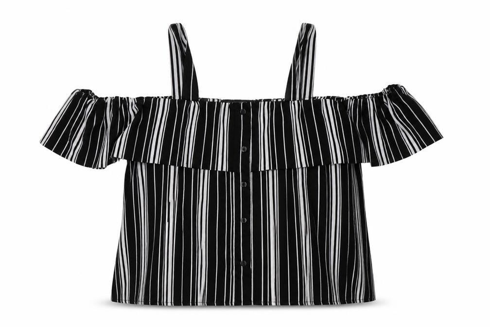 Front view of Cameo Rose women’s black striped polyester basic blouse, size UK 12, square neck