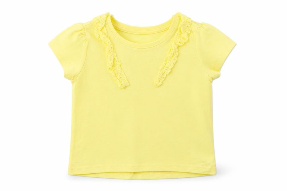 Front view of Primark girls’ yellow cotton basic t-shirt, size 2-3, years crew neck