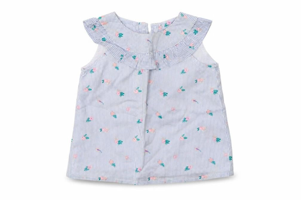 Front view of So Cute Baby Blue Floral Cotton Basic Blouse, size 12-18, Months Collared Button