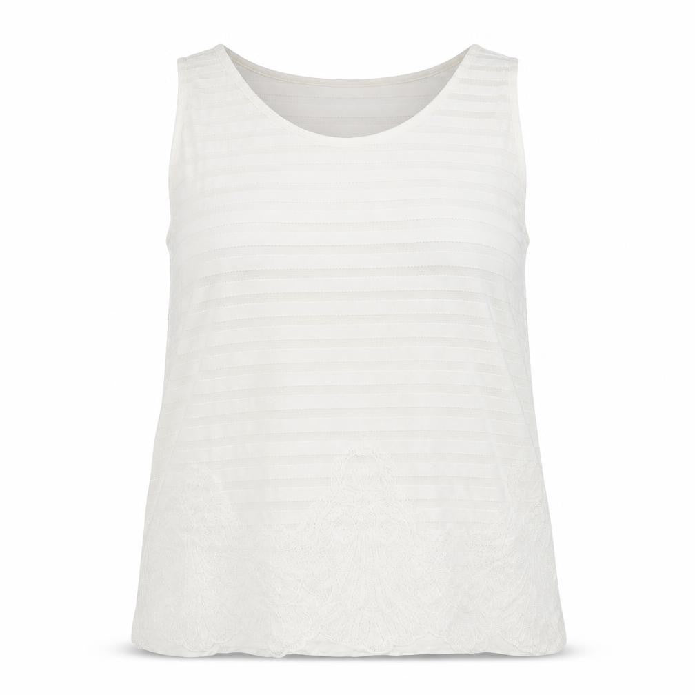 Front view of Dorothy Perkins women’s white viscose basic tank, size UK 16, round neck - lace overlay
