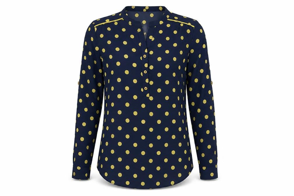 Front view of Preworn women’s blue polka dot polyester ringer blouse, size S, crew neck
