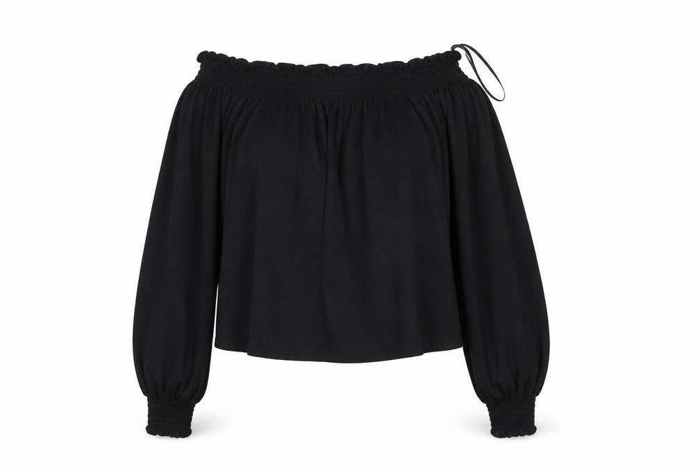 Front view of H&M women’s black polyester basic blouse, size S, off the shoulder