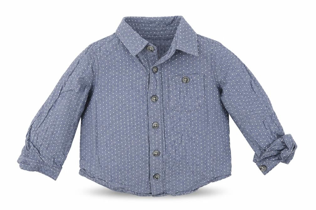 Front view of Lullaby boys’ multicoloured polka dot cotton basic button-up, size 9-12, months collared
