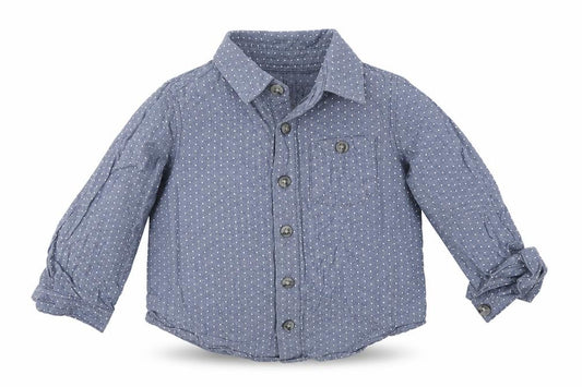 Front view of Lullaby boys’ multicoloured polka dot cotton basic button-up, size 9-12, months collared