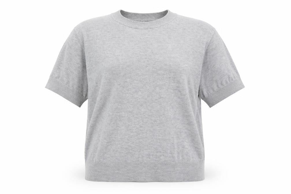 Front view of Marks & Spencer women’s grey round neck viscose jumper, size UK 10