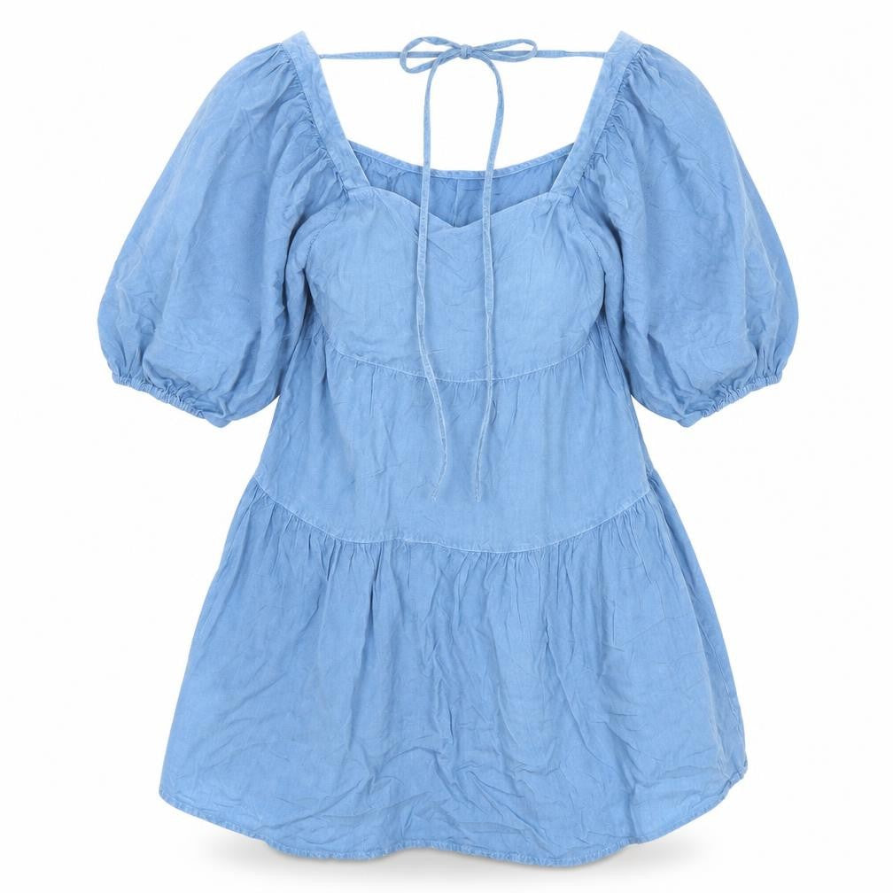Front view of Influance women’s blue viscose a-line, size UK 8, square neck