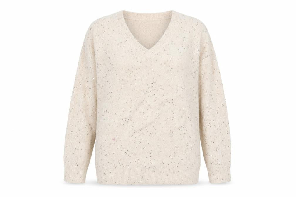 Front view of Peacocks women’s beige v-neck acrylic jumper, size S