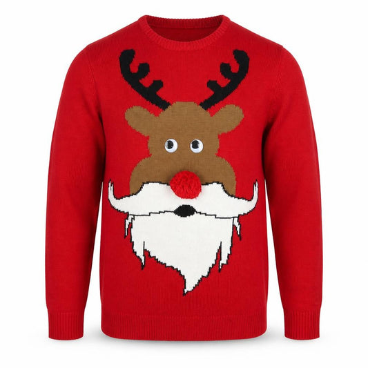 Front view of Cedarwood State men’s red round neck acrylic jumper, size XS, - rudolph christmas