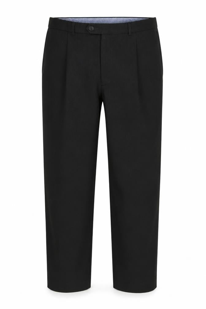 Front view of Marks & Spencer men’s grey polyester trousers, size 34, 30-inch leg regular button