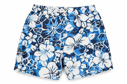 Front view of Mothercare boys’ blue polyester cropped trousers, size 18-24, months drawstring - swim shorts