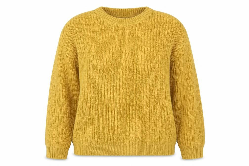 Front view of New Look women’s yellow round neck acrylic jumper, size S