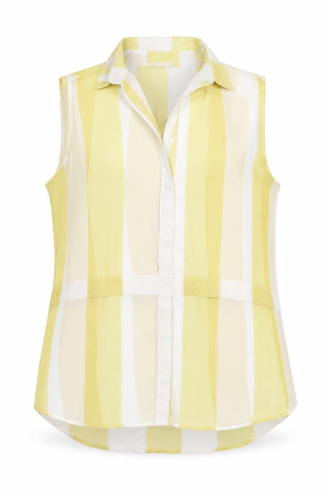 Front view of Knitmania women’s yellow striped polyester basic button-up, size UK 12, collared