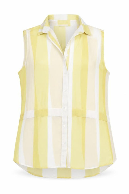 Front view of Knitmania women’s yellow striped polyester basic button-up, size UK 12, collared