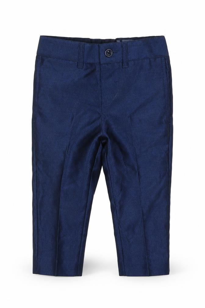 Front view of Monsoon boys’ blue polyester capri trousers, size 6-9, months button