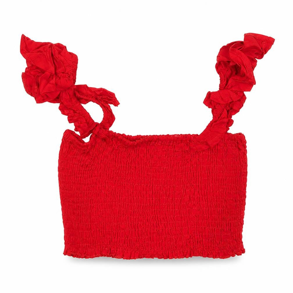Front view of PRETTYLITTLETHING women’s red viscose cropped tank, size UK 8, square neck