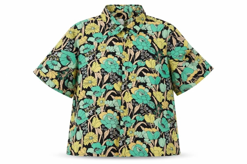 Front view of Noisy May women’s green floral polyester basic button-up, size S, collared