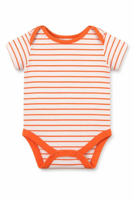 Front view of Mini Club Baby Orange Striped Cotton Babygrow One-Piece Size Newborn Button
