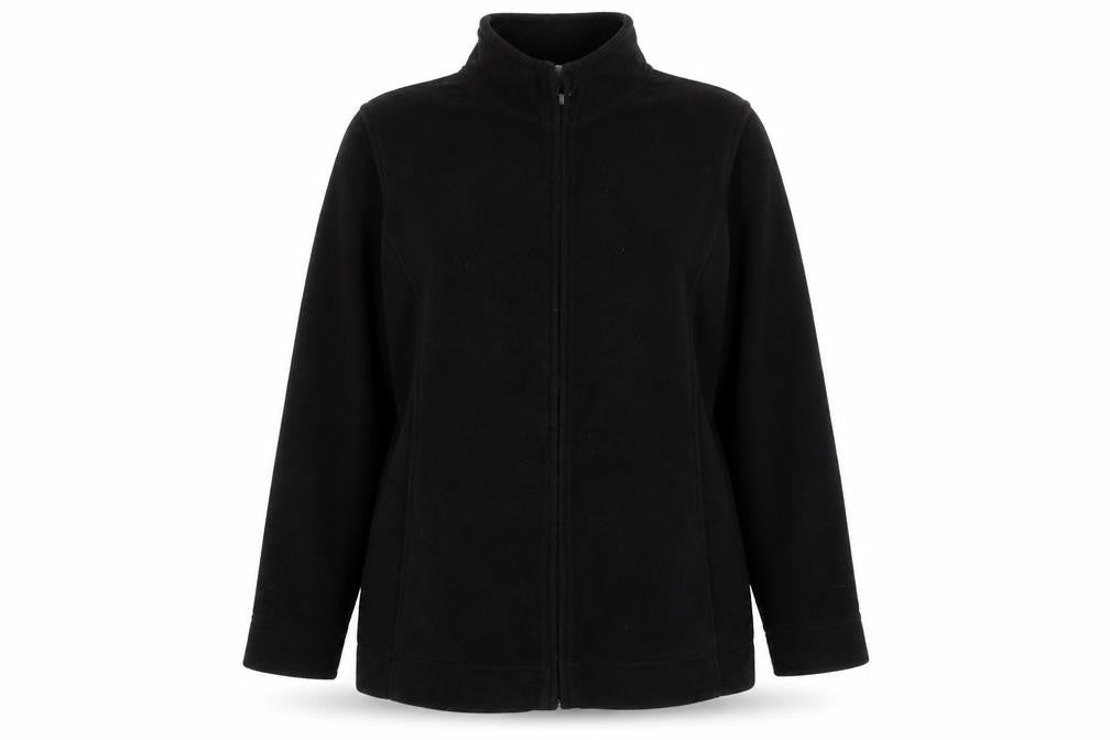 Front view of EWM women’s black jacket, size UK 14, zip