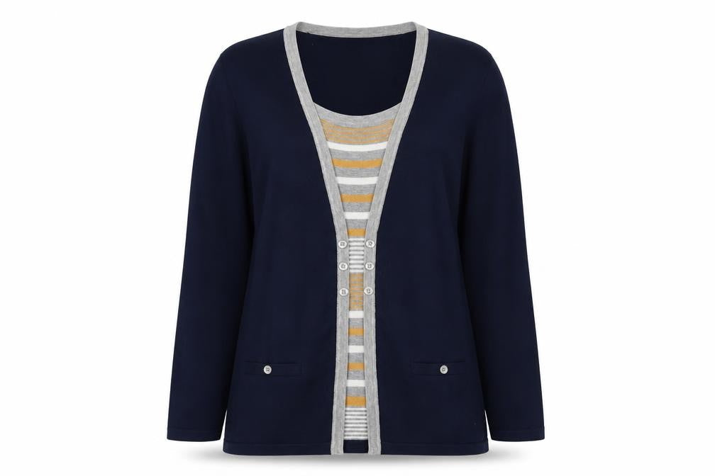 Front view of Arista women’s blue striped viscose pullover sweatshirt, size UK 16, pullover