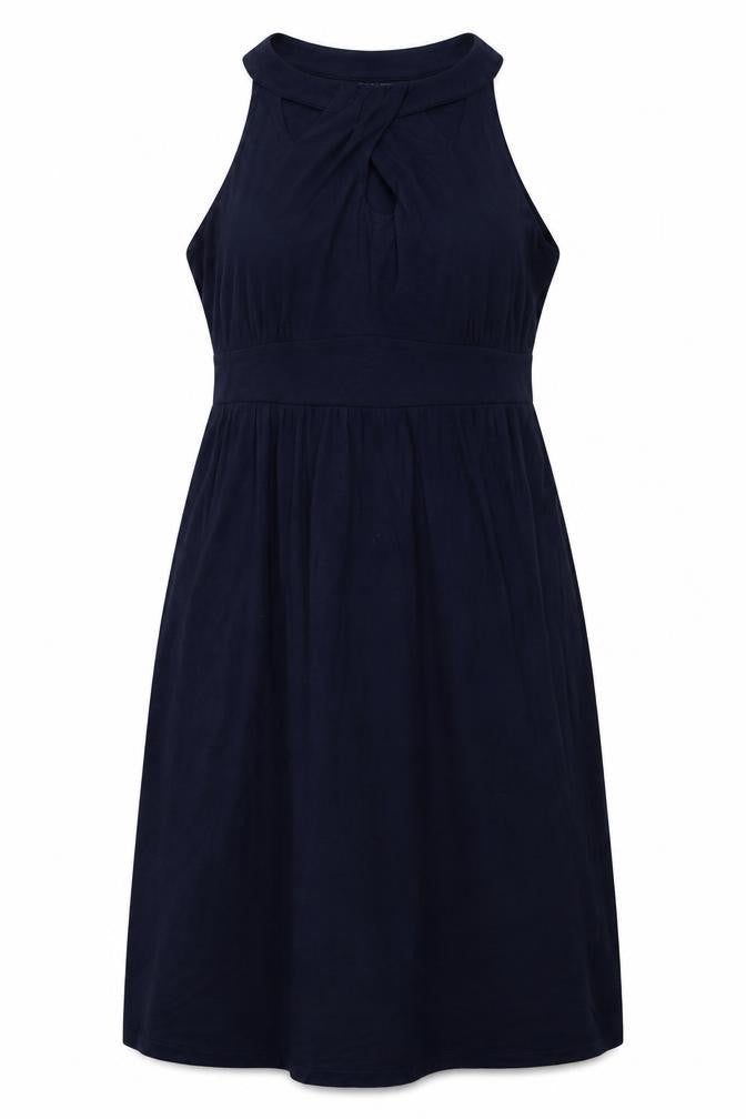 Front view of LOFT women’s blue rayon a-line, size S, crew neck pullover