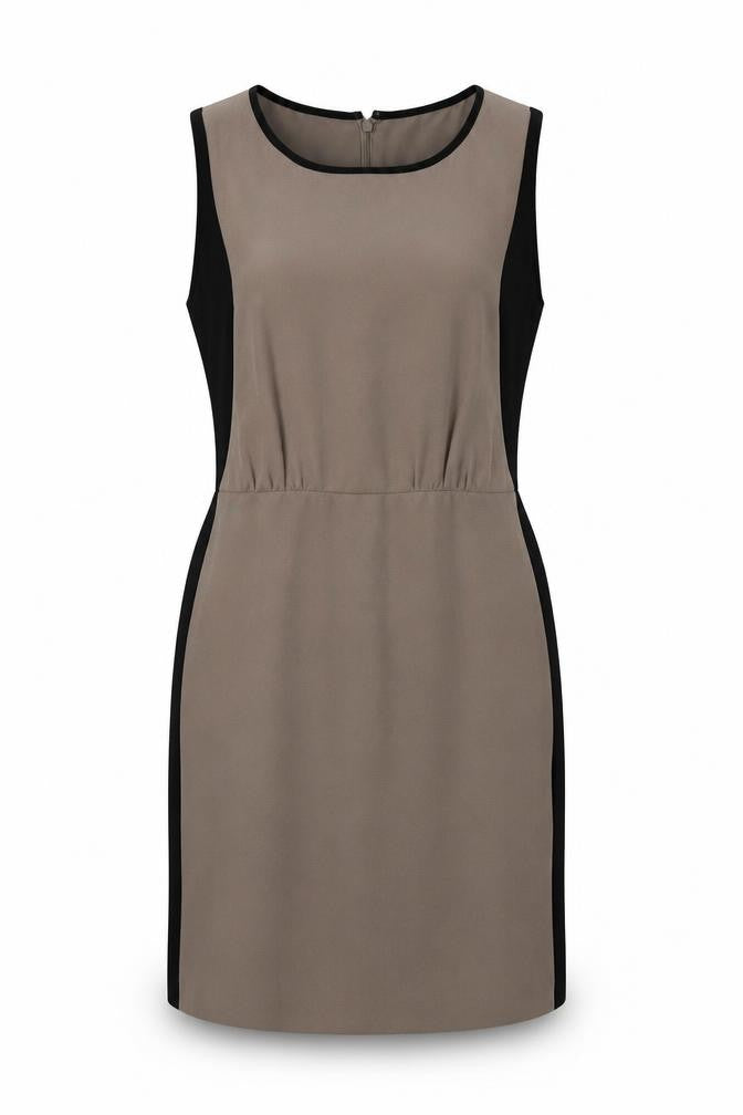Front view of LOFT women’s beige polyester a-line, size S, crew neck zip