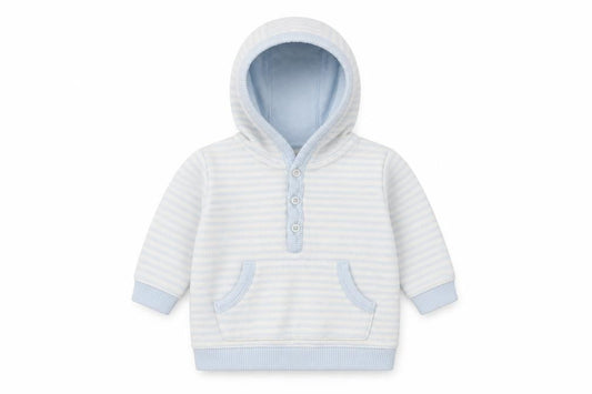 Front view of Marks & Spencer boys’ blue striped cotton jumper, size 3-6, months button