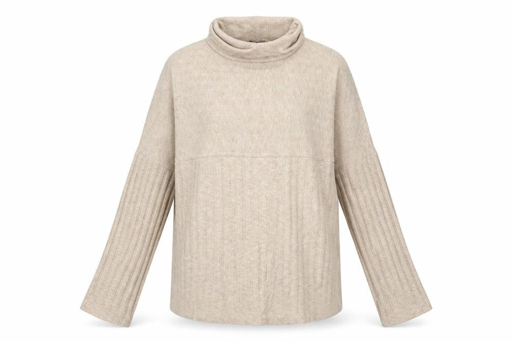 Front view of TU women’s beige striped polyester pullover sweatshirt, size UK 10, pullover