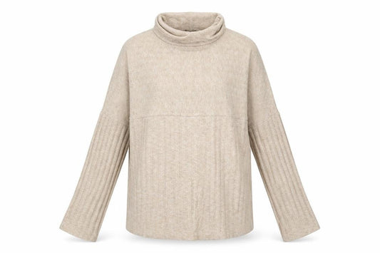 Front view of TU women’s beige striped polyester pullover sweatshirt, size UK 10, pullover