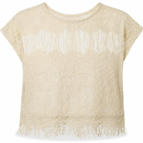 miss chevous Womens White  Nylon Basic T-Shirt Size L Crew Neck - Lace Detail
