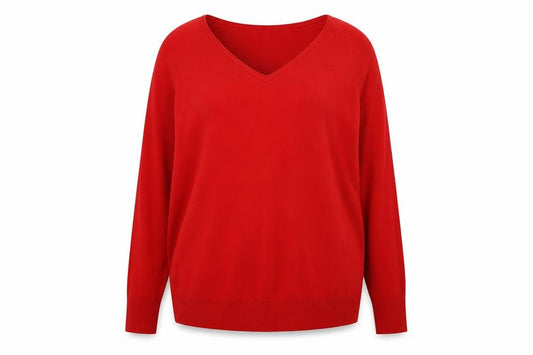 Front view of Peacocks women’s red acrylic pullover sweatshirt, size UK 18, pullover