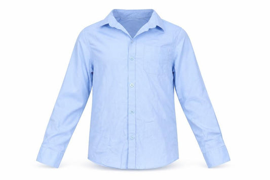 Front view of Marks & Spencer boys’ blue cotton basic button-up, size 8-9, years collared - school