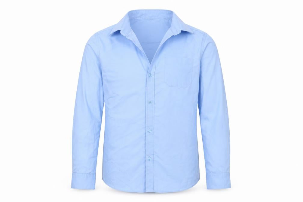 Front view of Marks & Spencer boys’ blue cotton basic button-up, size 8-9, years collared - school