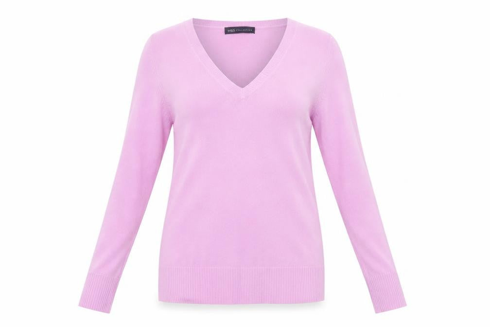Front view of Marks & Spencer women’s purple v-neck acrylic jumper, size UK 12