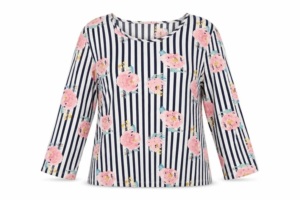 Front view of Classics women’s white striped polyester basic blouse, size UK 12, round neck