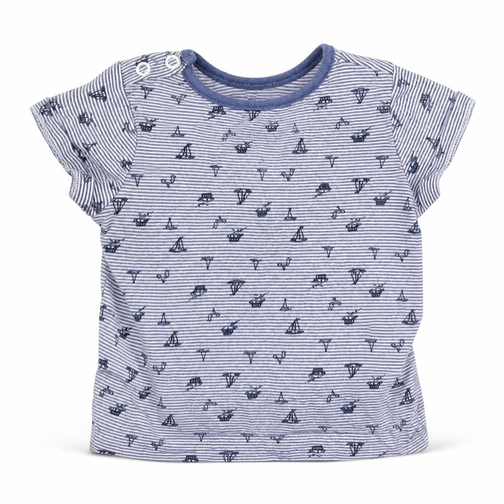 Front view of Matalan boys’ multicoloured striped cotton basic t-shirt, size 3-6, months round neck