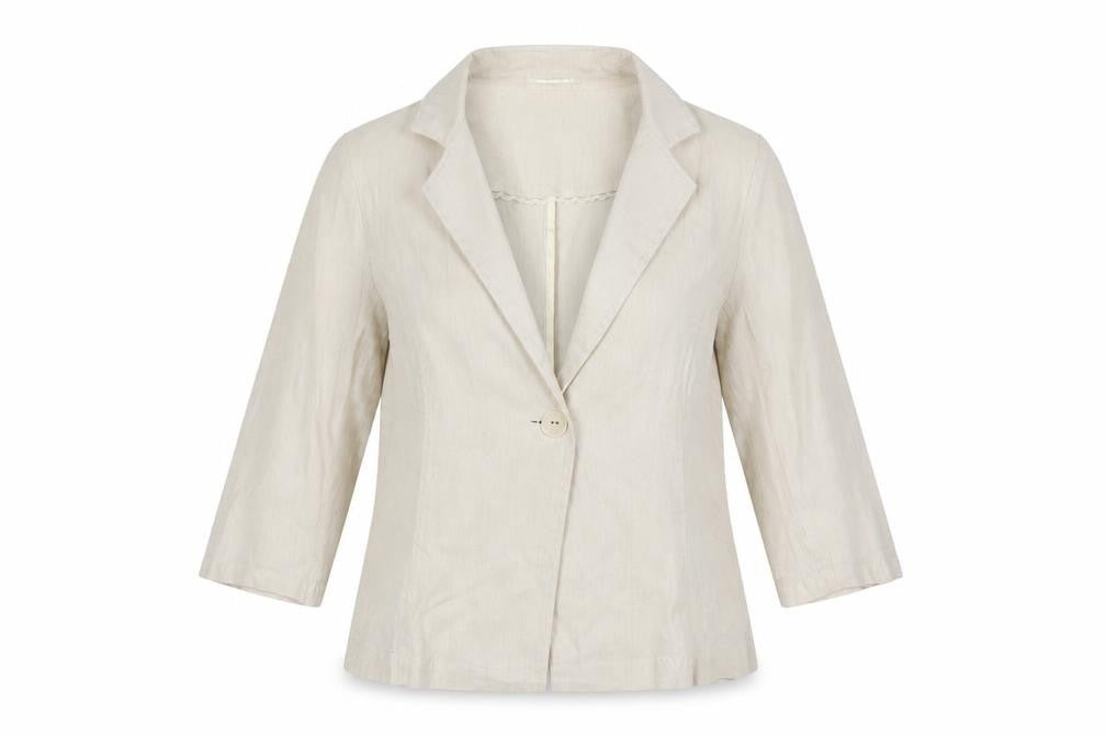 Front view of Per Una women’s beige striped cotton jacket blazer, size UK 16