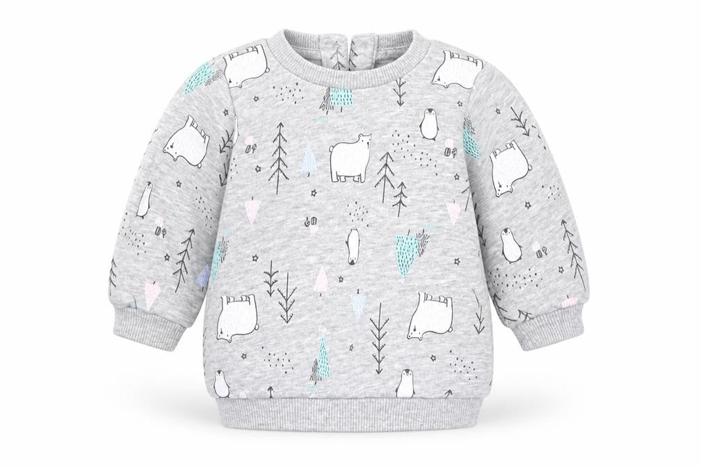 Front view of Matalan girls’ grey animal print cotton jumper, size 0-3, months