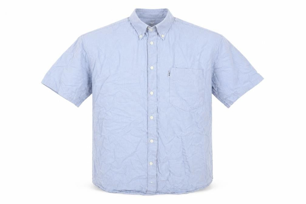 Front view of Lee Cooper men’s blue cotton button-up, size 15, collared button