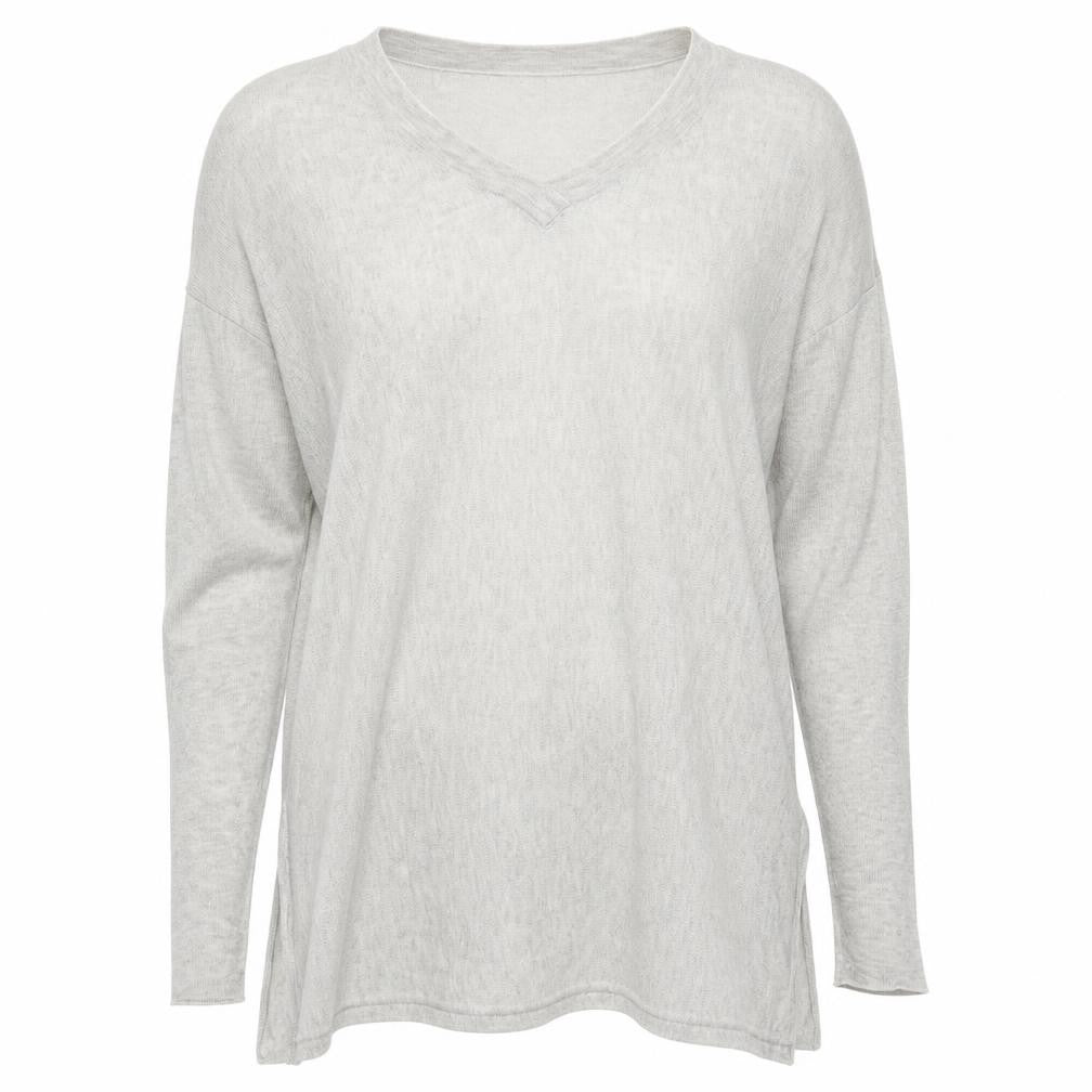 Front view of Atmosphere women’s grey v-neck acrylic jumper, size UK 6