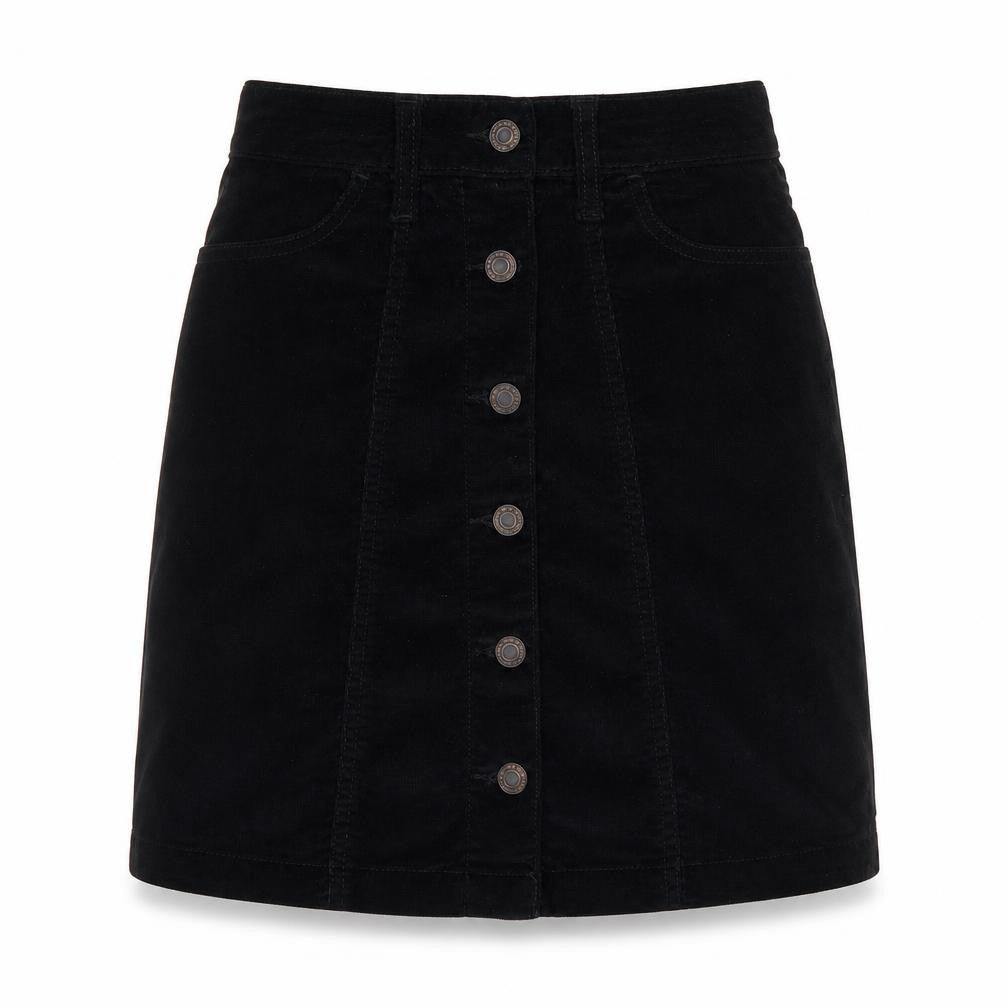 Front view of Next women’s black cotton a-line skirt, size UK 6, button