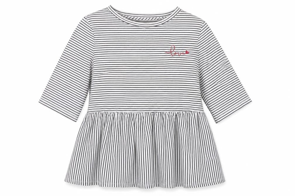 Front view of F&F women’s black striped cotton basic t-shirt, size UK 6, collared - peplum