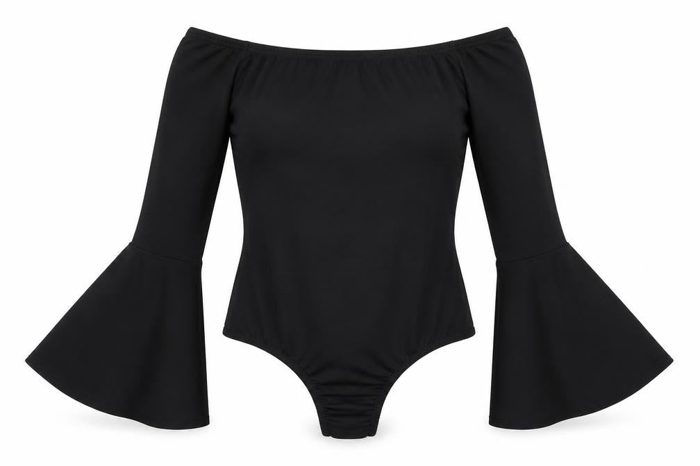 Front view of PRETTYLITTLETHING women’s black polyester bodysuit one-piece, size UK 8, snap - bell sleeve