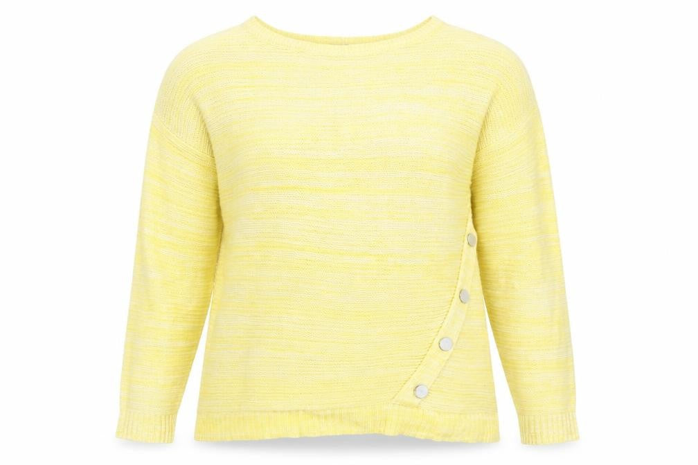 Front view of Peacocks women’s yellow round neck acrylic jumper, size L