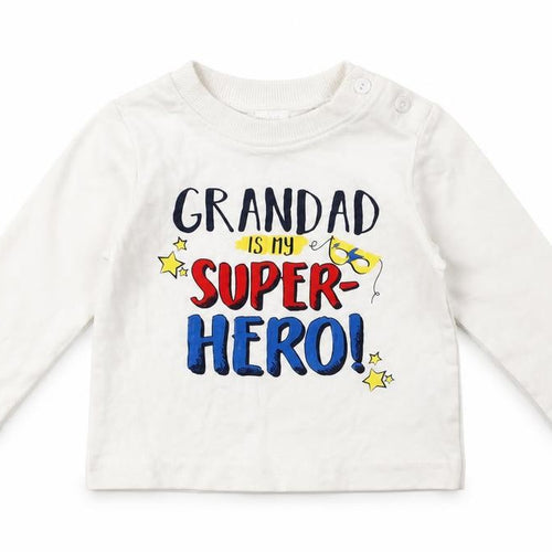 Baby M&Co Baby White  Cotton Basic T-Shirt Size 3-6 Months Round Neck  - Grandad is my superhero