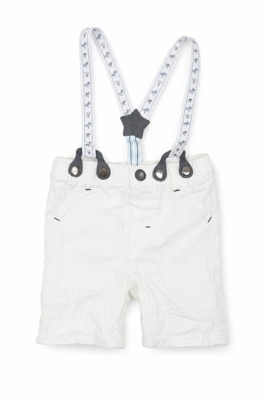 Front view of Nutmeg Baby White Cotton Trousers, size 9-12, Months - with braces