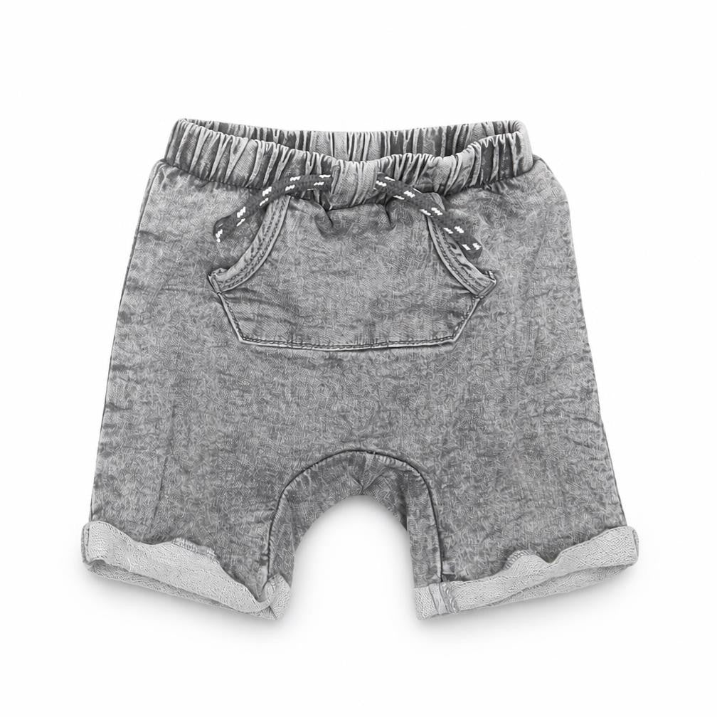 Front view of Tu Baby Grey Cotton Trousers, size 9-12, Months Drawstring - shorts