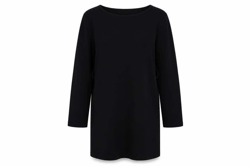 Front view of SHEIN women’s black polyester a-line, size M, boat neck pullover
